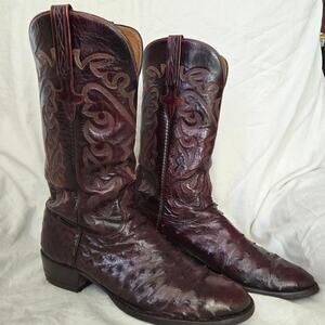 Lucchese Classic Size 10.5 D Full Quill Black Cherry Ostrich Boots Straight Heel